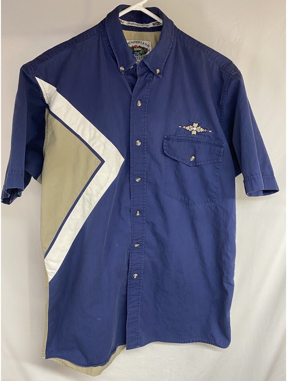 Cumberland Outfitters Mens Tan Blue Western Shirt Short Sleeve  Collar Size M